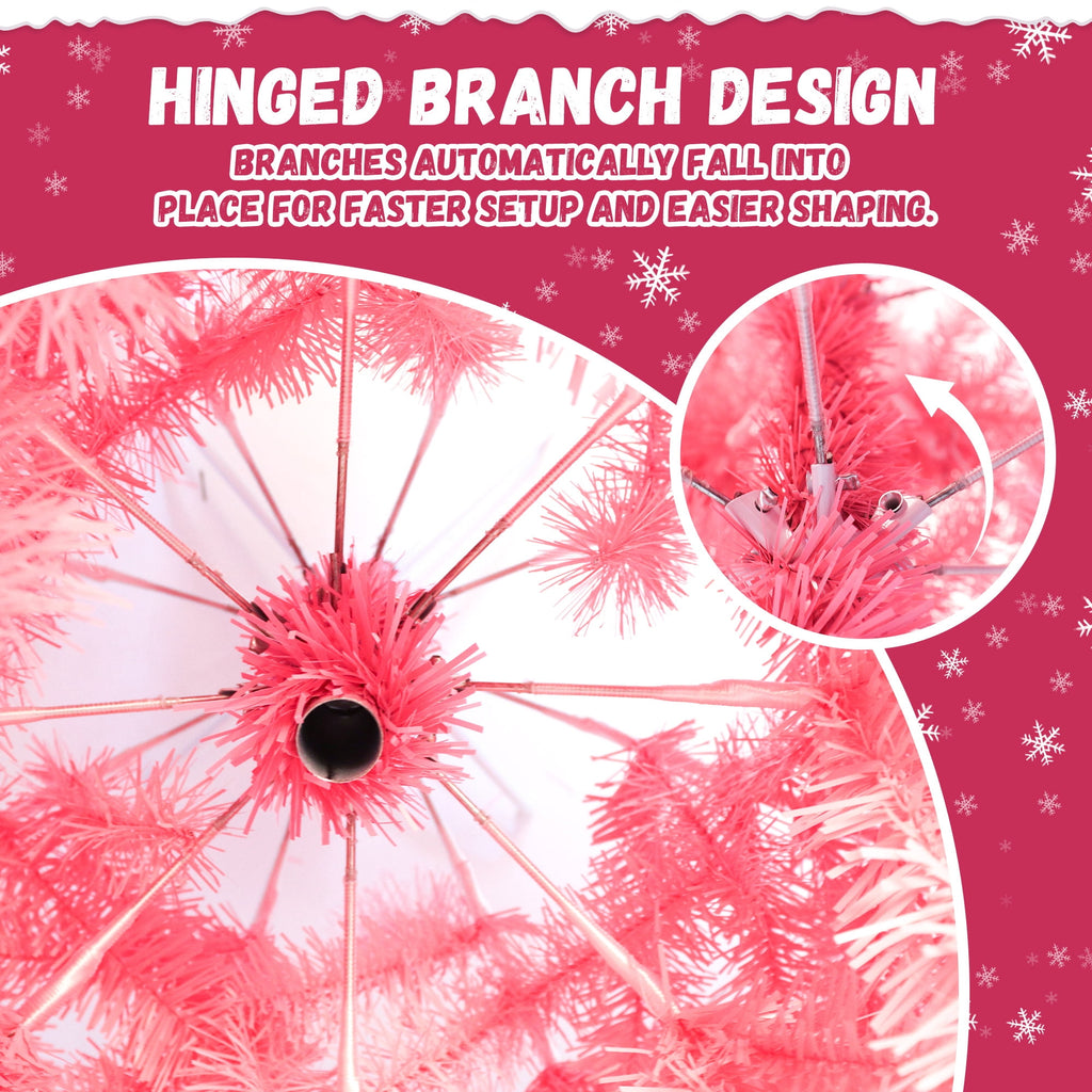 Yexmas 6ft Pre-Lit Pink Christmas Tree,Artificial Christmas Tree with 1000 PVC Branches,300 Multicolor Lights,Metal Hinges,Xmas Tree for Home,Holiday Party Decorations