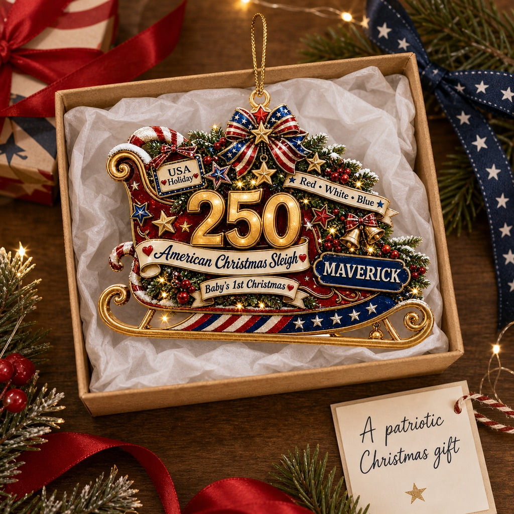 Christmas America 1776-2026 Anniversary Ornament, American Sleigh for Tree Hanging, Patriotic Holiday Gift