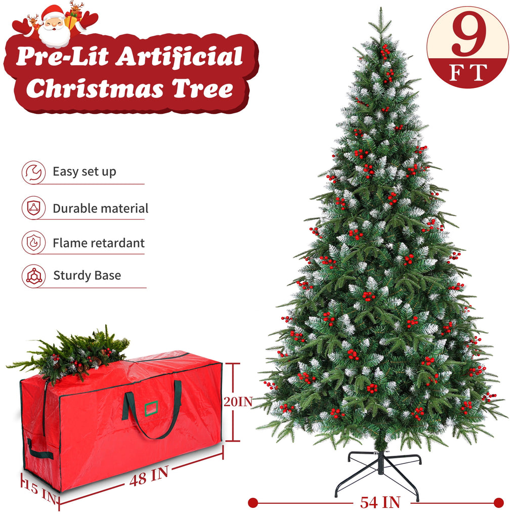 Yexmas 7.5ft Pre-Lit Artificial Christmas Trees,Green Xmas Tree with Large Christmas Tree Storage Bag, Berries, Realistic Artificial Christmas Trees for Home, Office, Party Decoration
