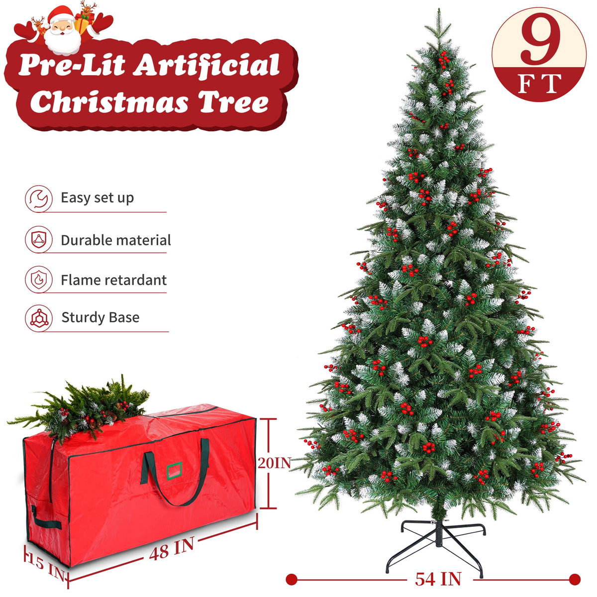Yexmas 7.5ft Pre-Lit Artificial Christmas Trees,Green Xmas Tree with Large Christmas Tree Storage Bag, Berries, Realistic Artificial Christmas Trees for Home, Office, Party Decoration