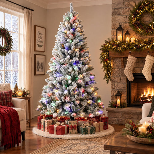 6.5' Pre-Lit Frisco Pine Snow-Flocked Green Artificial Christmas Tree with 250 Color-Changing LED Lights and Stand, by Holiday Time