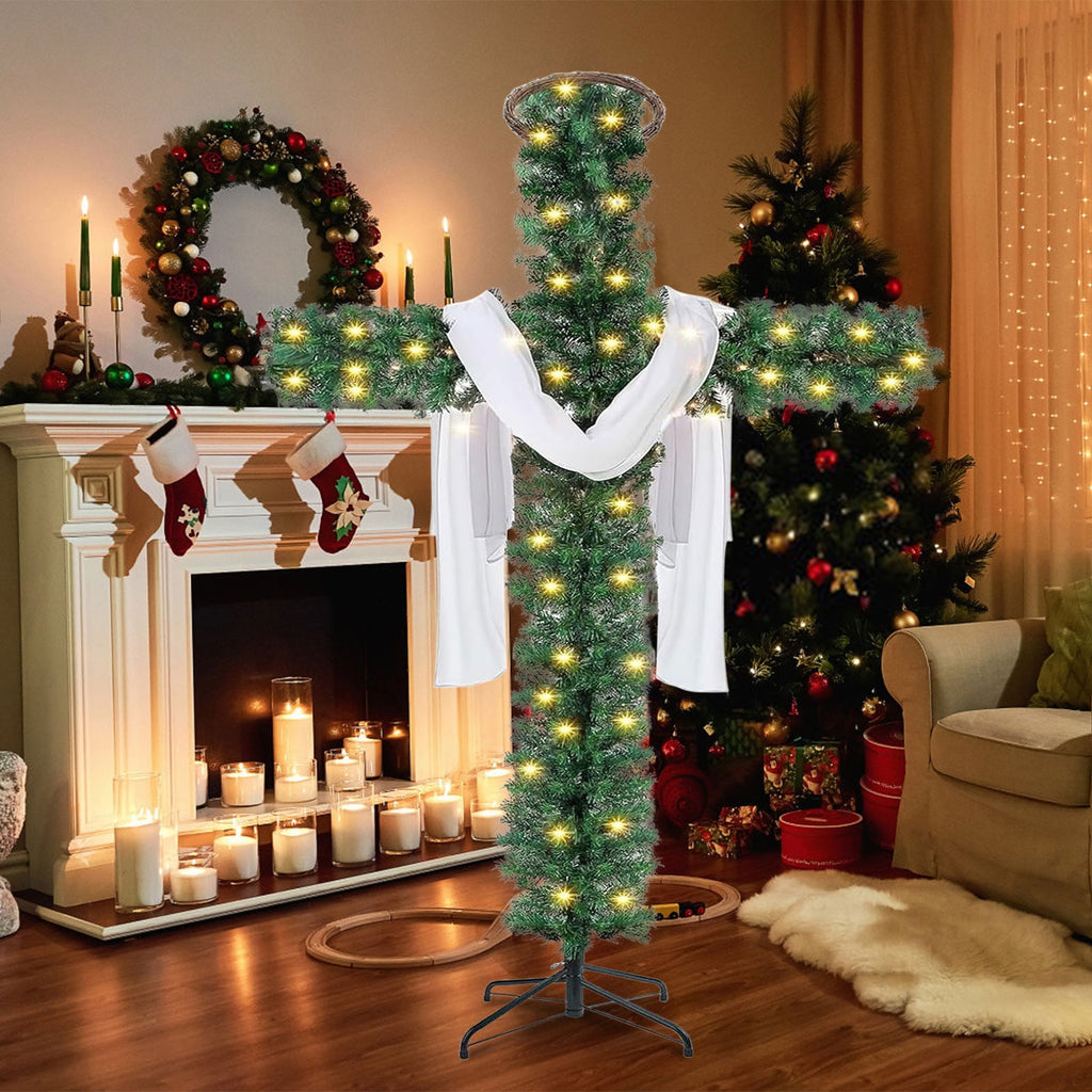 XEOVHV 6Ft Cross Christmas Tree,Foldable Cross Christmas Tree,Christmas Tree Shaped Like a Cross,Pre-Lit Artificial Pine Christmas Cross,with 50 LED Light and Silk Scarf Wood Rattan Ring