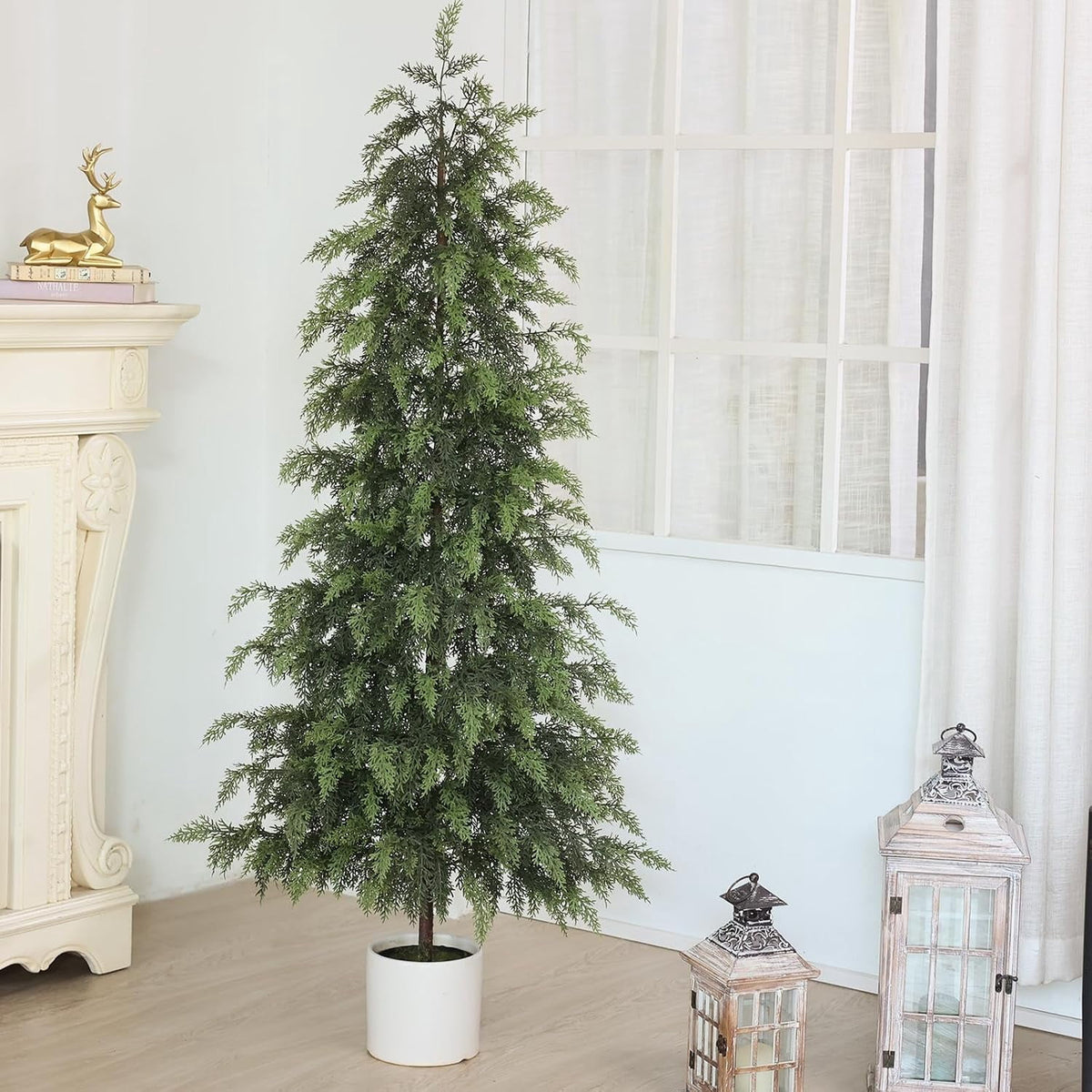 4FT Lifelike Touch Artificial Cedar Topiary Trees for Front Porch | Fake Christmas Trees, Faux Potted Plants, UV Resistant Fake Greenery, for Front Door Garden Outdoor Farmhouse Home Decoration