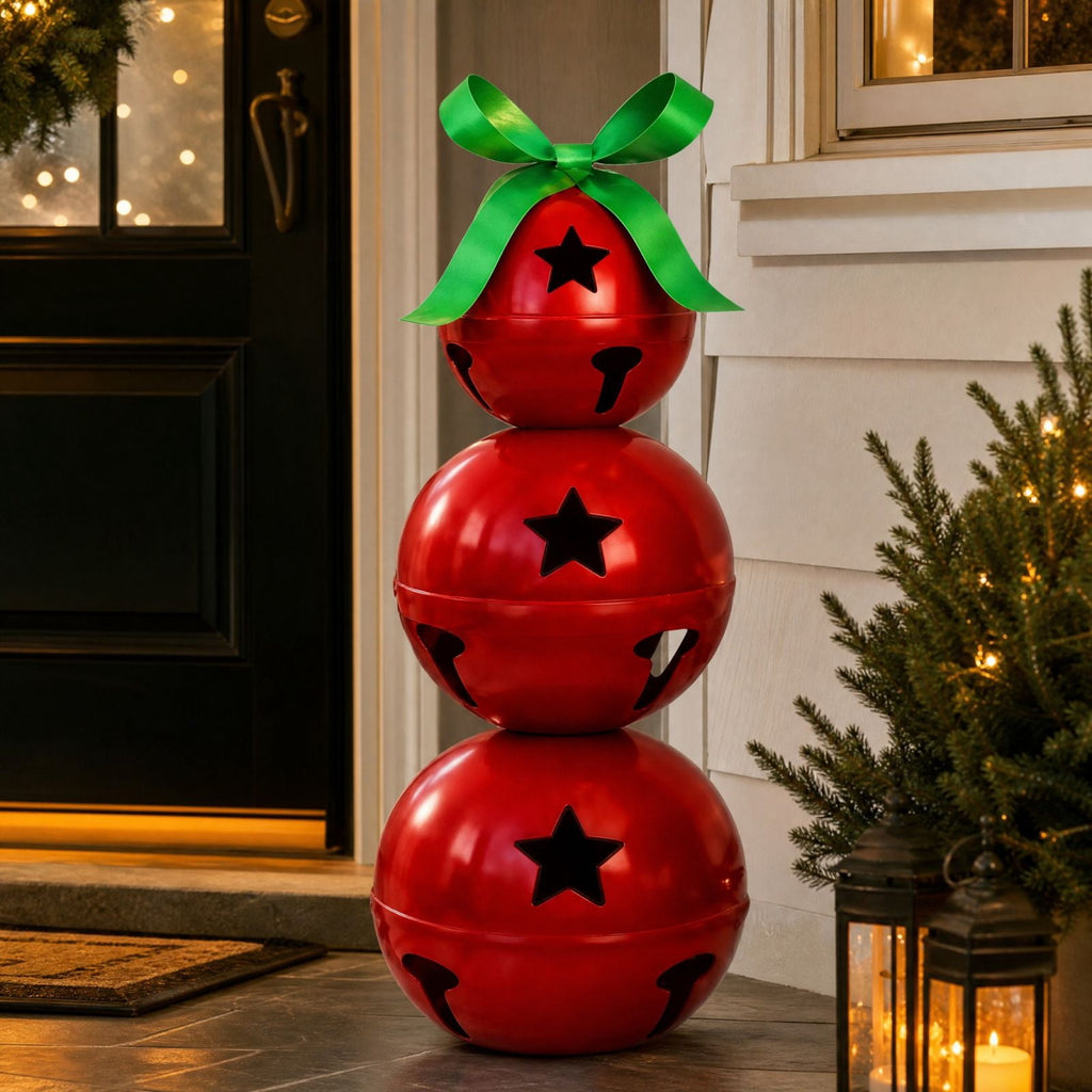 Stacked Christmas Bells, 23.6 Inch 3-Tier Red Metal Bell Decoration with Star Cutouts and Green Bow, Large Christmas Porch Decor for Mantel Entryway Holiday Display