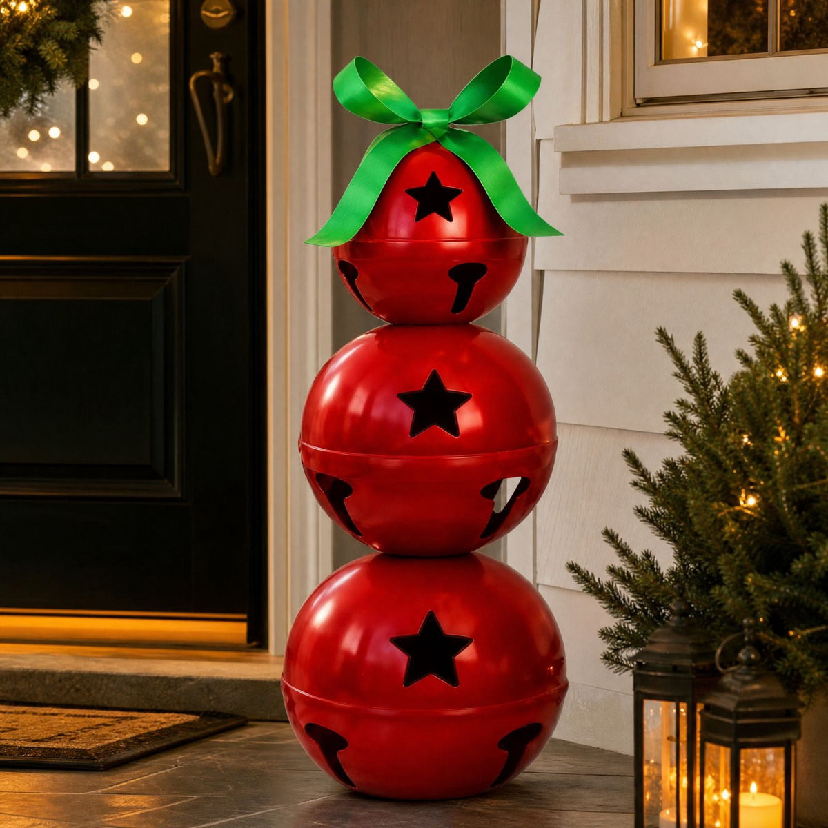 Stacked Christmas Bells, 23.6 Inch 3-Tier Red Metal Bell Decoration with Star Cutouts and Green Bow, Large Christmas Porch Decor for Mantel Entryway Holiday Display