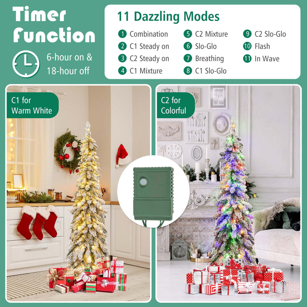 Costway 5 FT Pre-Lit Slim Christmas Tree Flocked Xmas Decoration 11 Modes 150 LED Lights