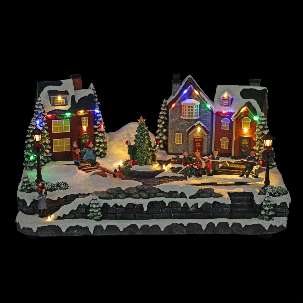 Alpine Corporation Animated Children Playing in Christmas Village Holiday Tabletop Decor with 26 Multicolor LED Lights and 5.9' Cord, 17" L x 11" W x 9" H