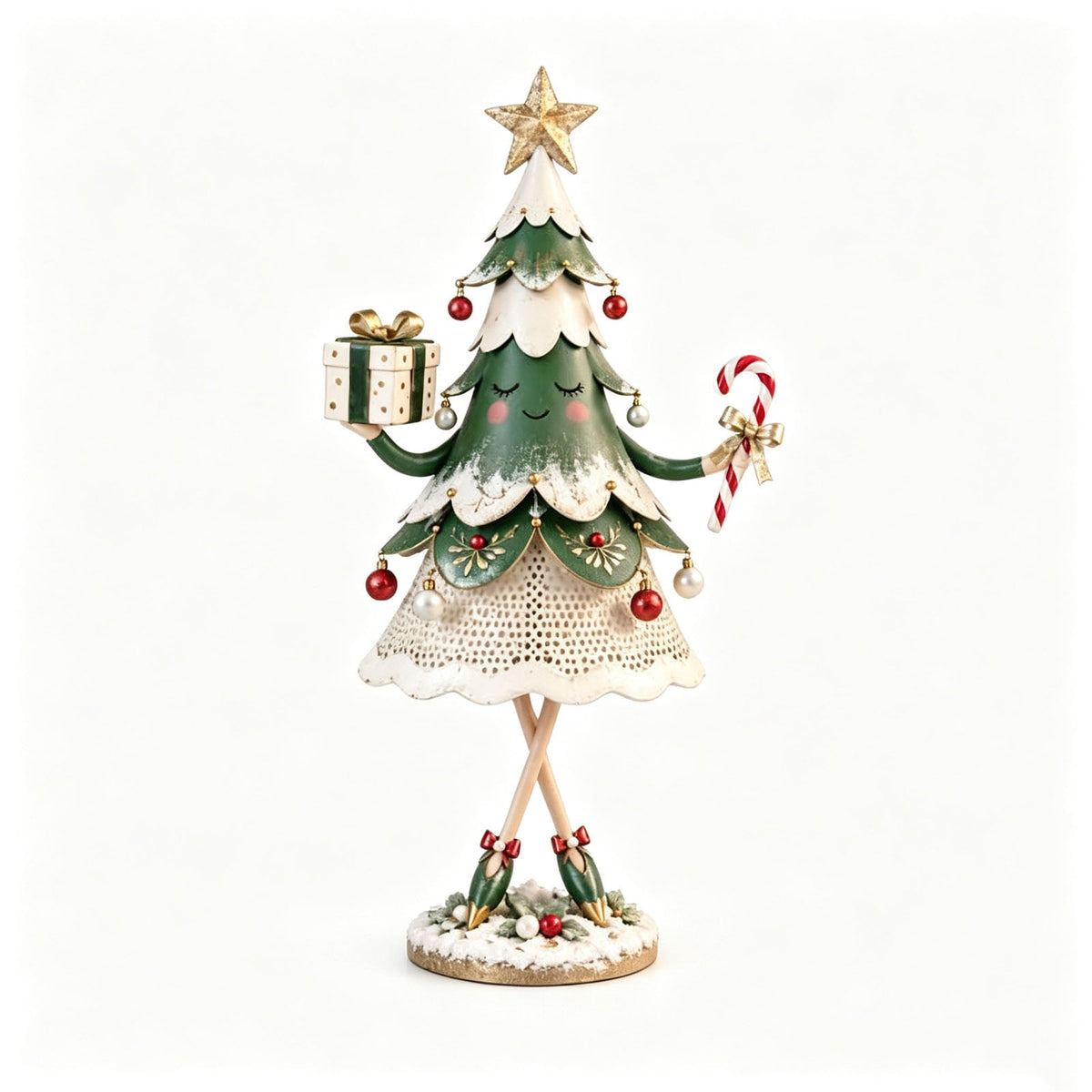 Lighted Mini Iron Art Christmas Tree 2PCS,Tabletop LED Dancing Tree Girl Statue With Star Top Tabletop Ornament For Mantel Shelf