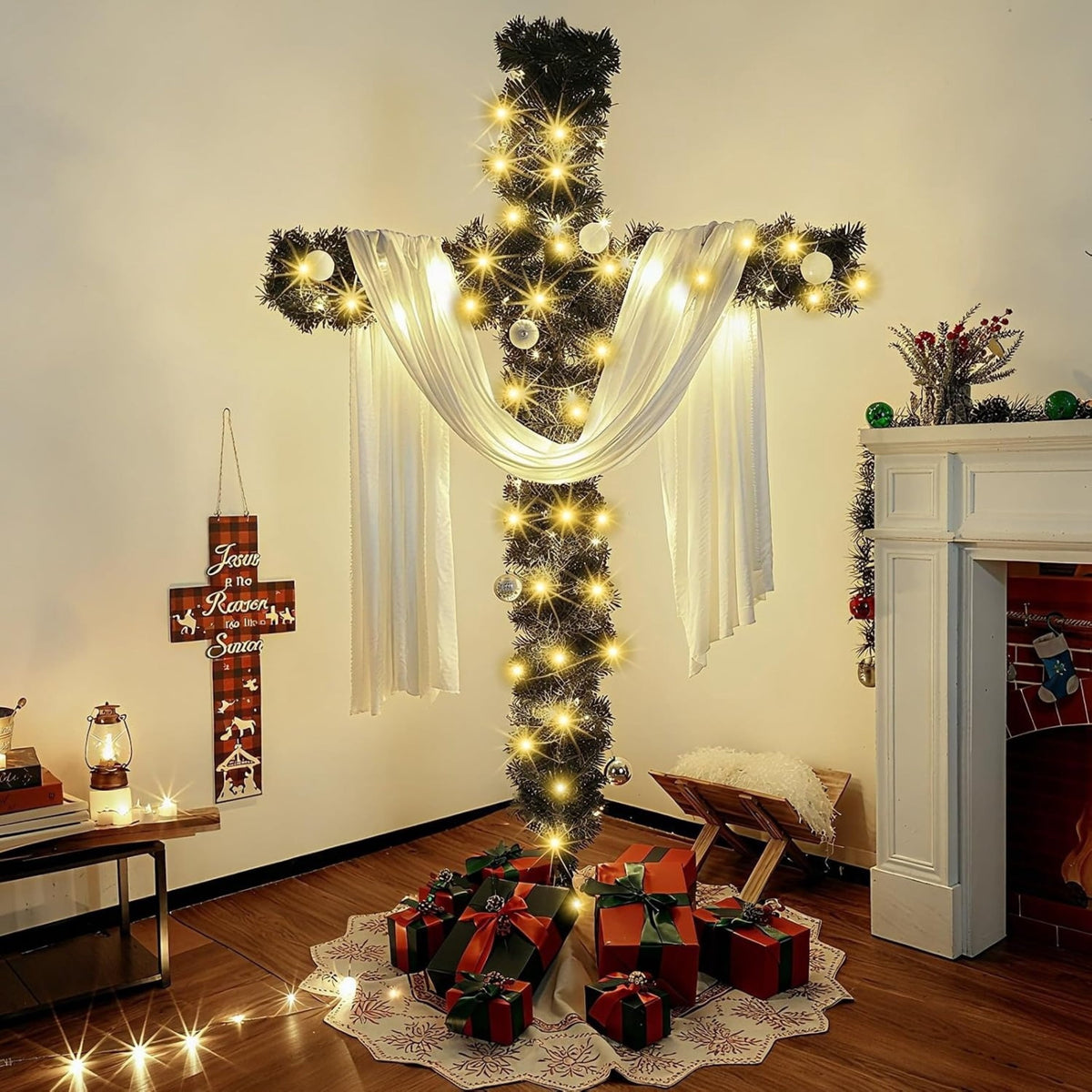 Artificial Cross Christmas Tree with Lights, White Scarf and Metal Stand