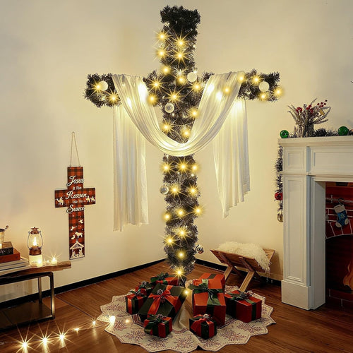 Artificial Cross Christmas Tree with Lights, White Scarf and Metal Stand