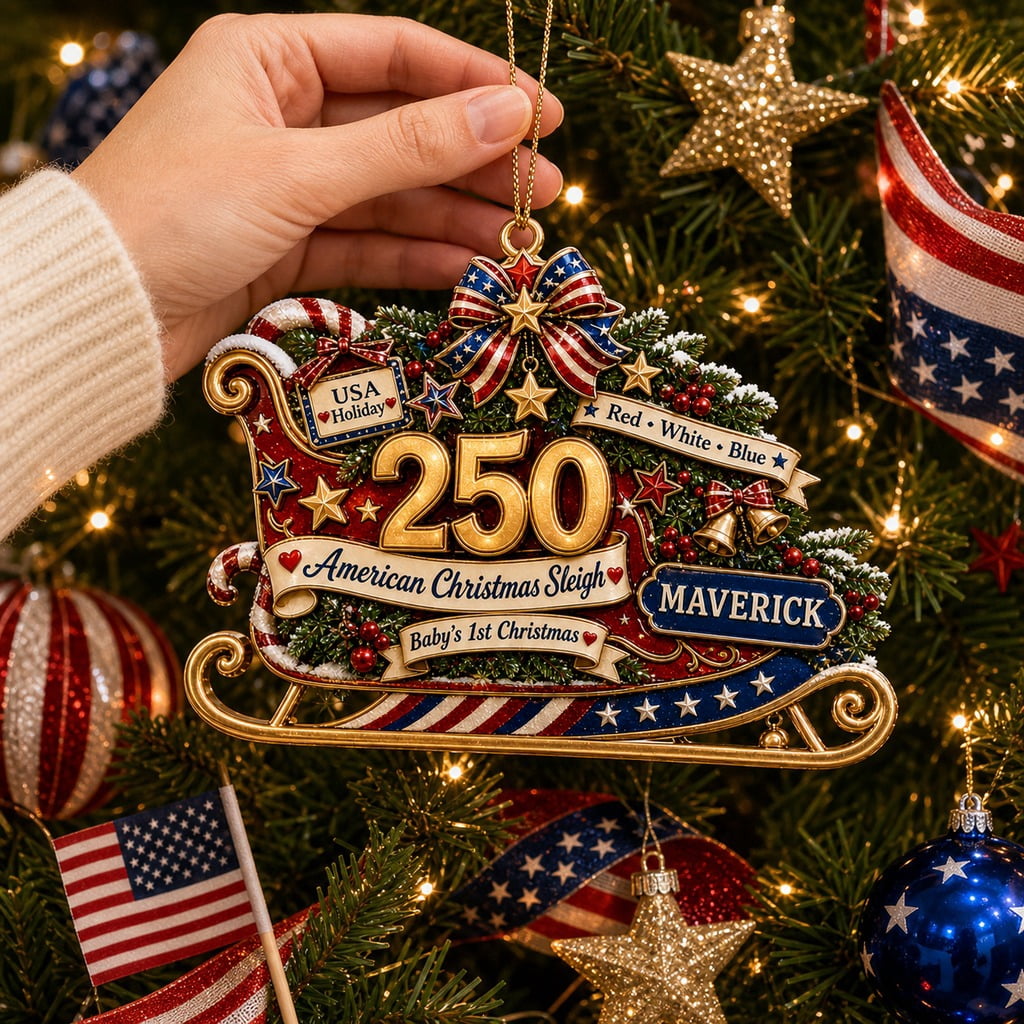 Christmas America 1776-2026 Anniversary Ornament, American Sleigh for Tree Hanging, Patriotic Holiday Gift
