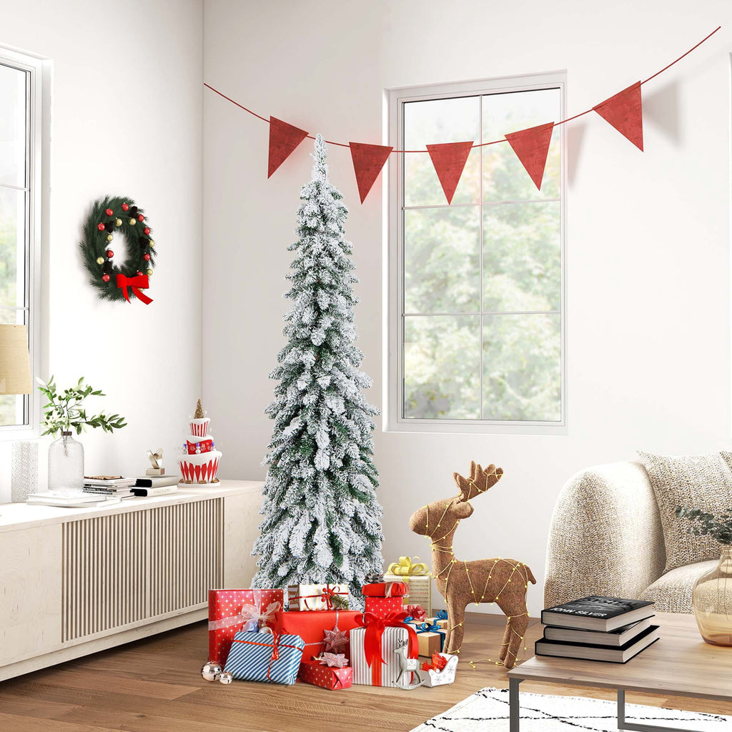 Costway 5 FT Pre-Lit Slim Christmas Tree Flocked Xmas Decoration 11 Modes 150 LED Lights