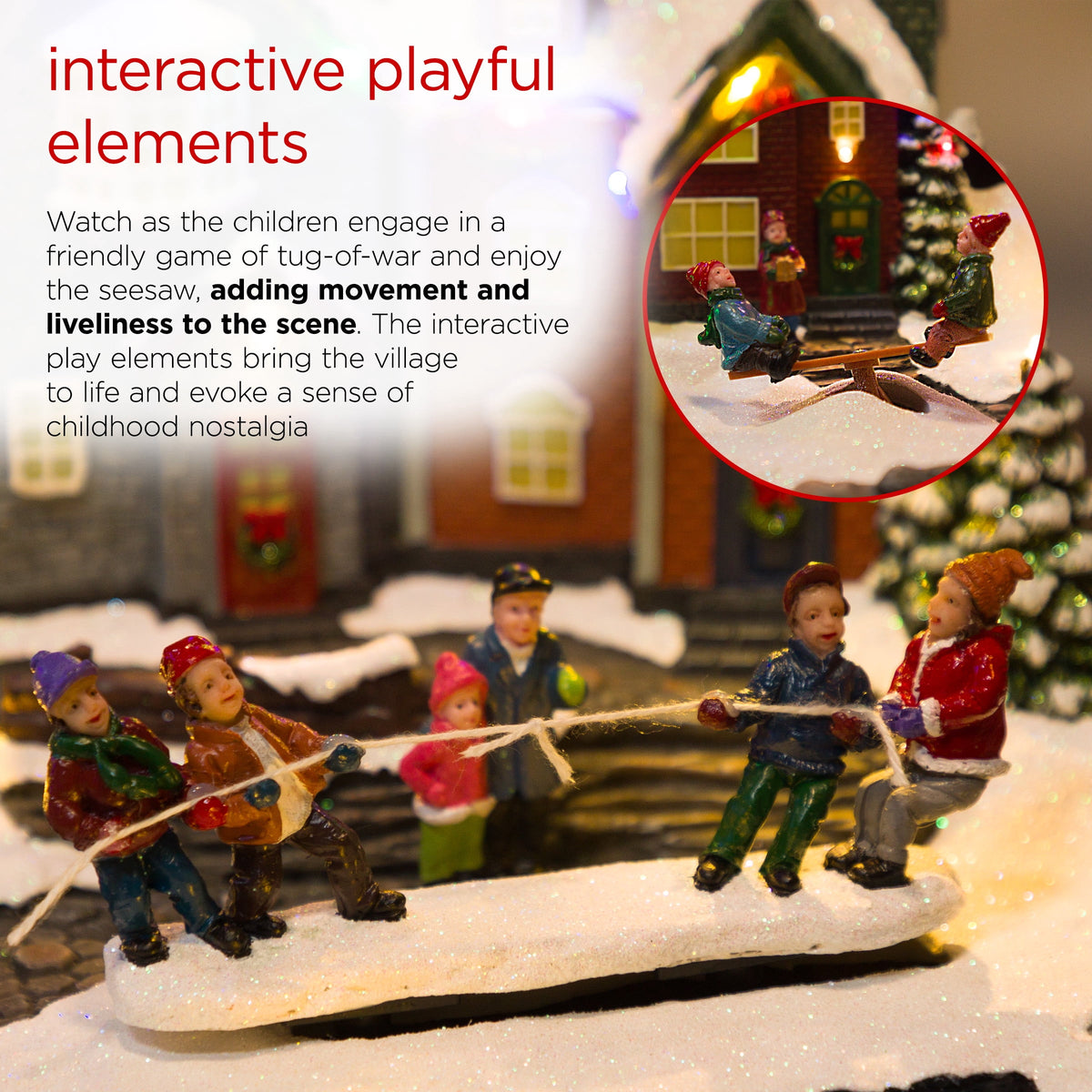 Alpine Corporation Animated Children Playing in Christmas Village Holiday Tabletop Decor with 26 Multicolor LED Lights and 5.9' Cord, 17" L x 11" W x 9" H