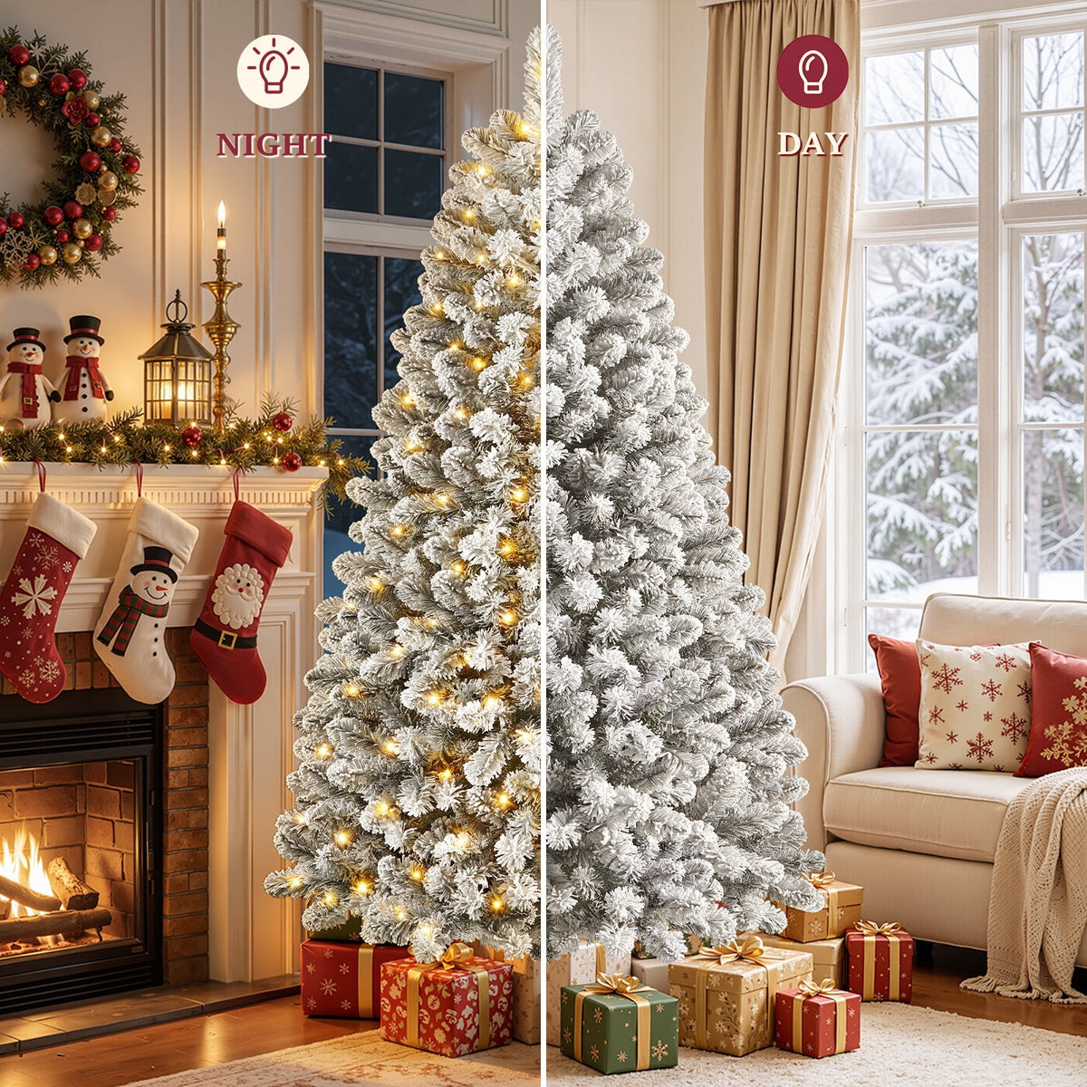 Lolsea 7ft Prelit Snow Flocked Artificial Holiday Christmas Tree w/ Warm White Lights, Foldable Stand, Full Snow Branch Tips