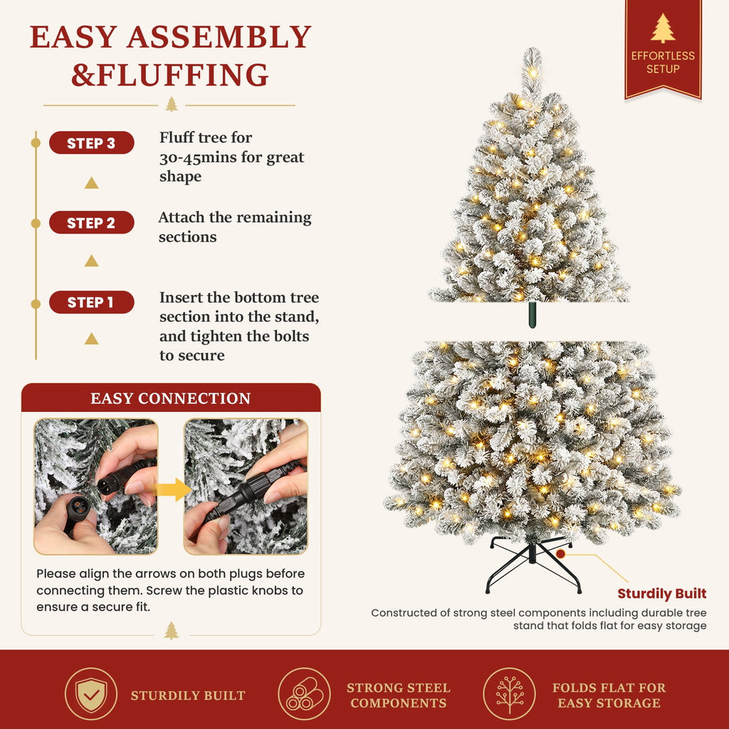 Lolsea 7ft Prelit Snow Flocked Artificial Holiday Christmas Tree w/ Warm White Lights, Foldable Stand, Full Snow Branch Tips