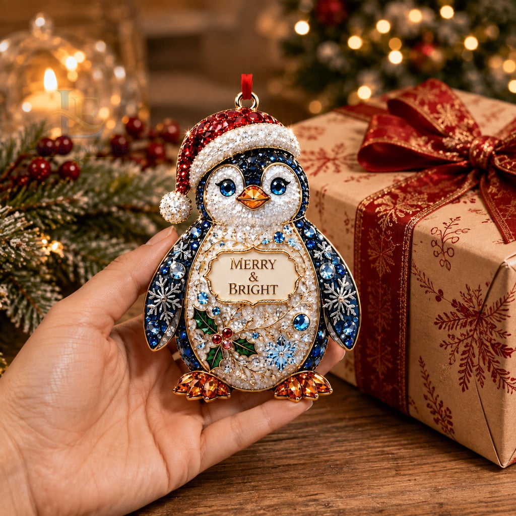 Acrylic Ornament, Penguin Christmas Design for Tree, Personalized Holiday Gift