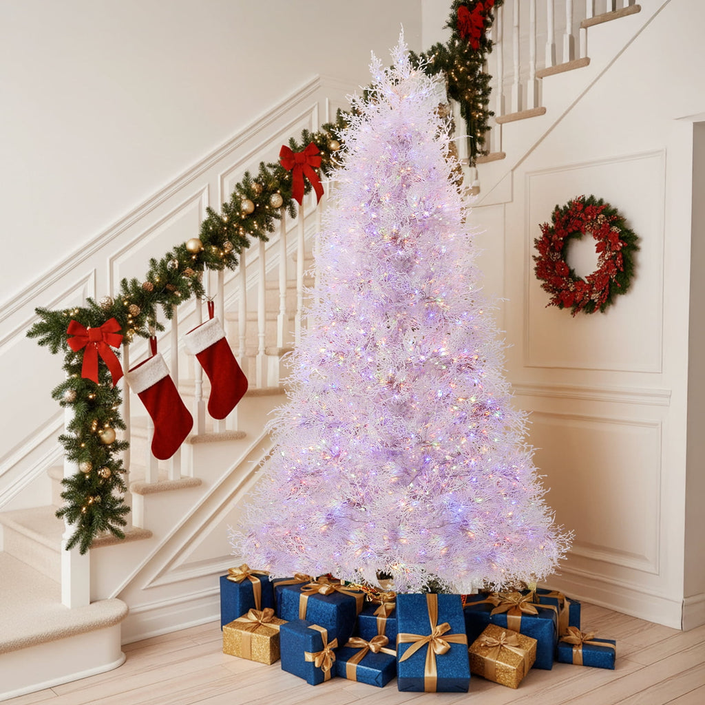 7FT White Christmas Tree, 400 LED Lights with 3 Modes Warm White Multi-color Macaroon, 1218 PE Branch Tips, Flame-Retardant, Reinforced Metal Stand, Indoor Living Room Entryway Office Holiday Decor