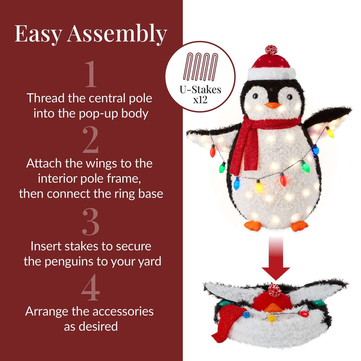 Best Choice Products 4-Piece Lighted 3ft Pop-Up Penguin Family Outdoor Christmas Decoration w/ 300 LED Lights - Red