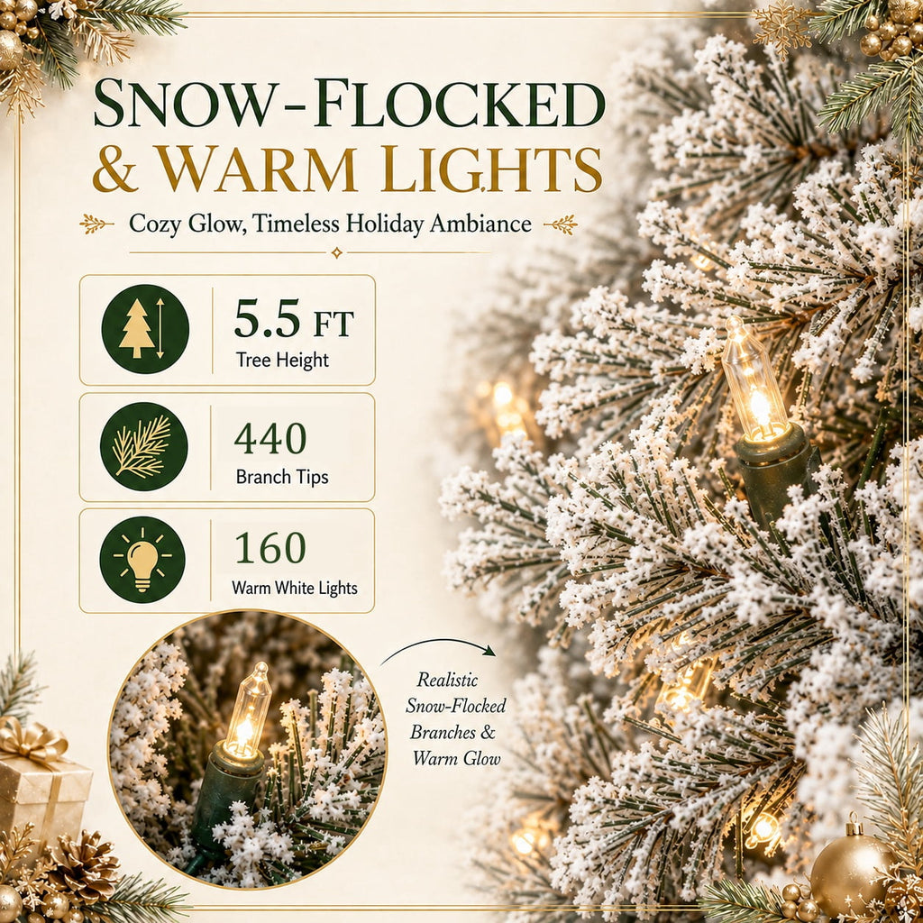 DRNEWI 6.5ft Prelit Snow Flocked Artificial Pencil Christmas Tree with Warm White Lights, Full Branch Tips, Perfect Choice Decoration for Xmas Holiday