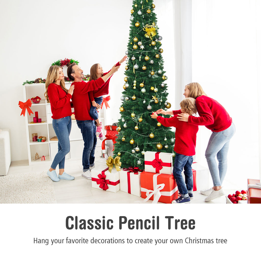 Gymax 9' PVC Artificial Christmas Tree Holiday Decor Slim Pencil Tree Metal Stand