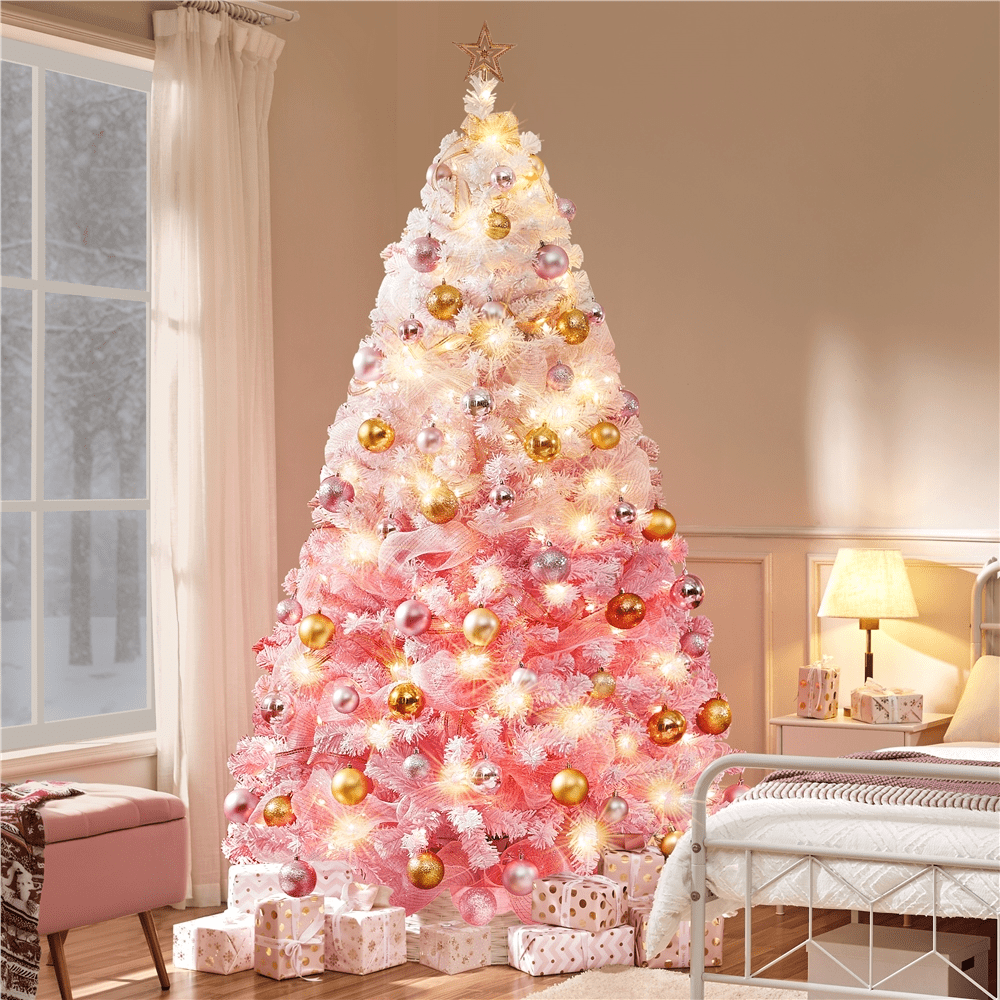 Alden Design 7.5 ft Pre-Lit Flocked Christmas Tree with Warm Lights, Frosted White