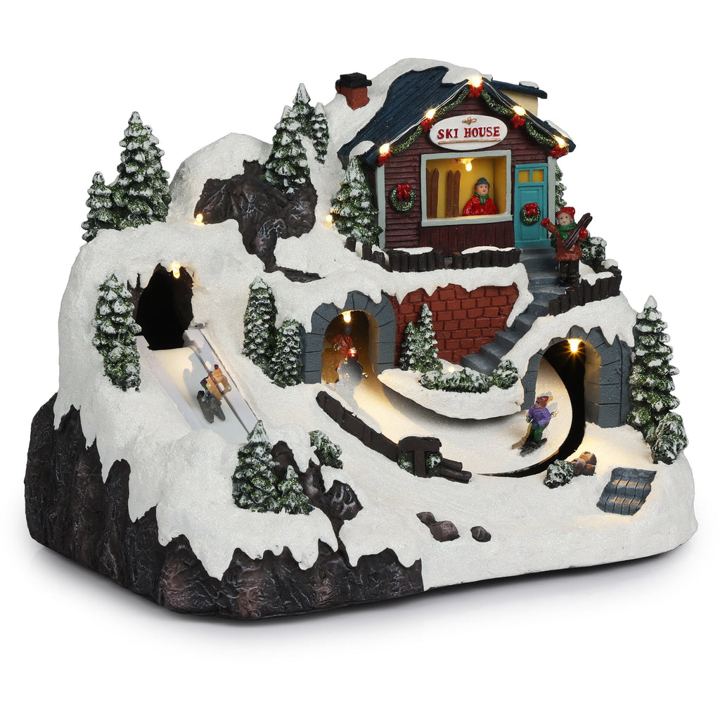 Alpine Corporation Animated Children Playing in Christmas Village Holiday Tabletop Decor with 26 Multicolor LED Lights and 5.9' Cord, 17" L x 11" W x 9" H