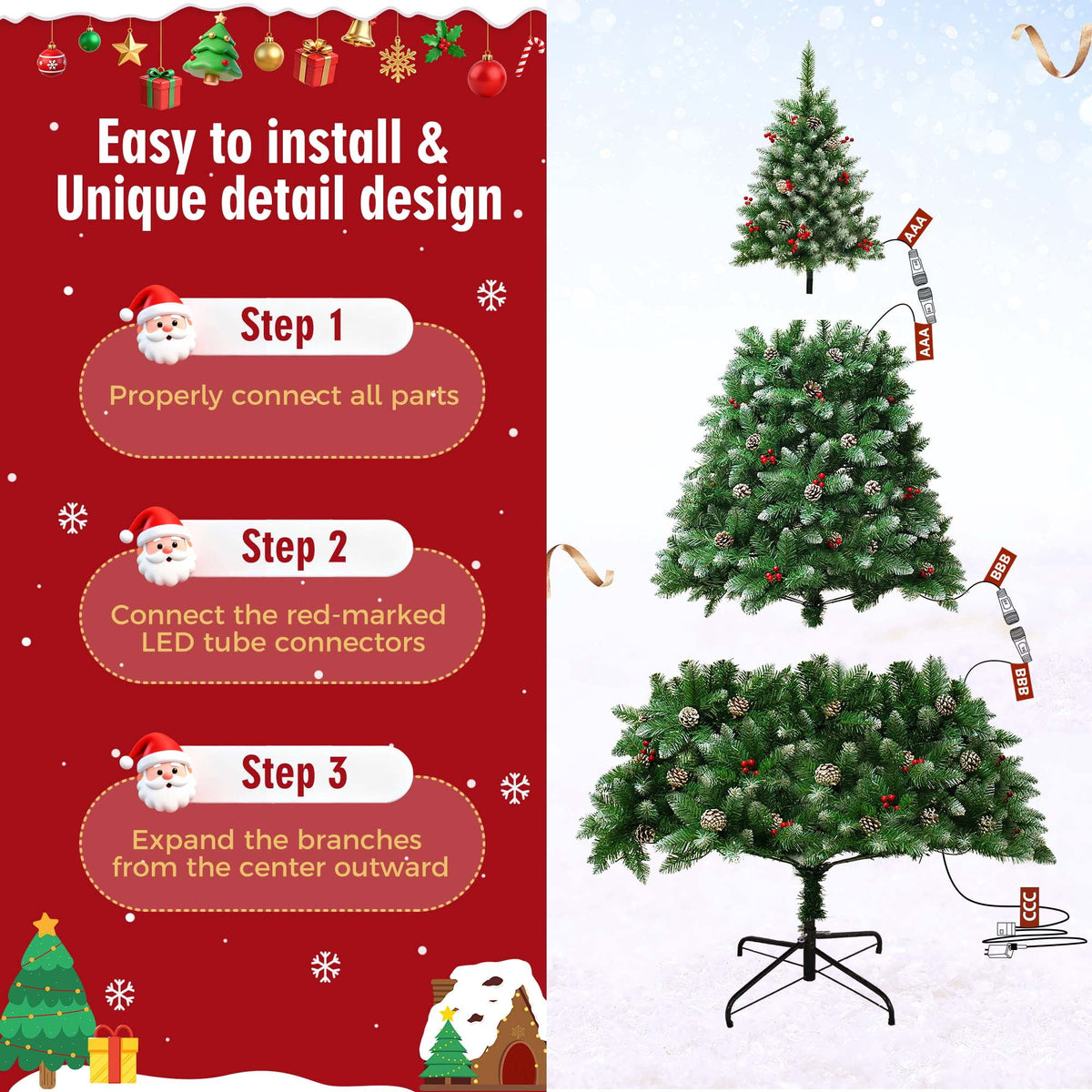 Yexmas 6FT Pre-Lit Christmas Tree with Pinecones and Red Berries,Artificial Green Xmas Tree with Large Storage Bag for Home, Office, Party Decoration