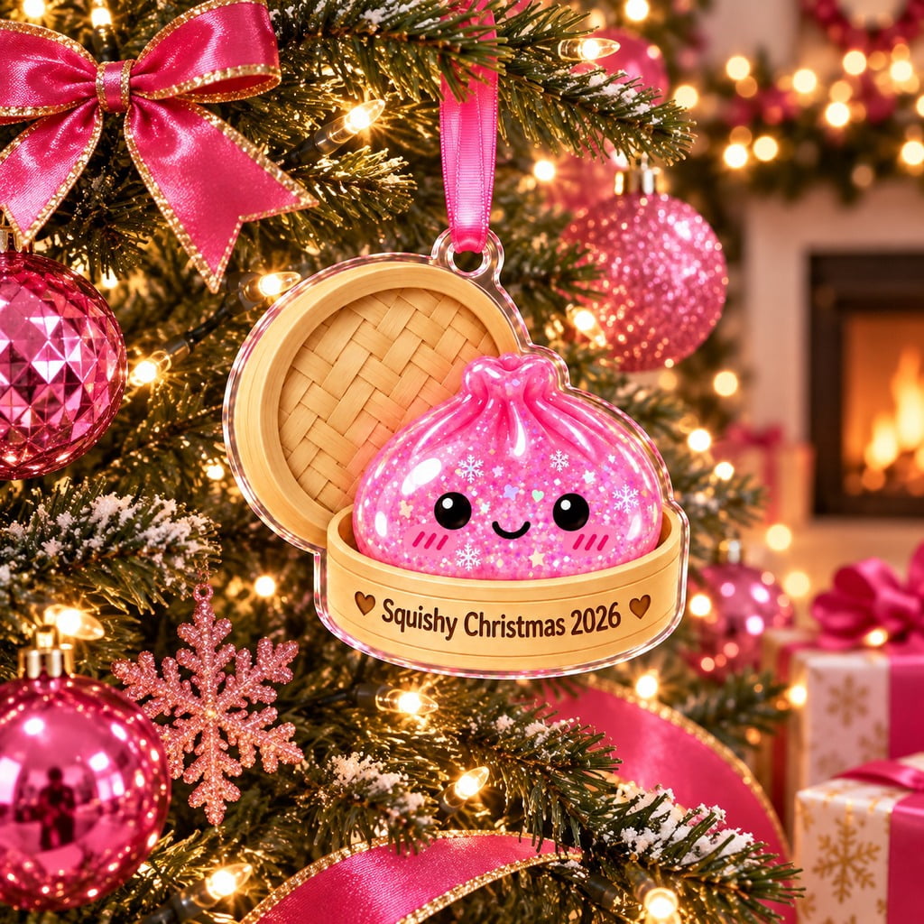 Christmas Ornament with Cute Hot Pink Squishy Dumpling, 2026 Tree Keepsake for Squishy Lovers